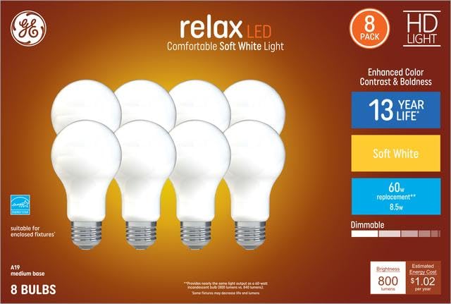 GE Relax 8-Pack 60 W Equivalent Dimmable Soft White A19 LED Light Fixture Light Bulbs