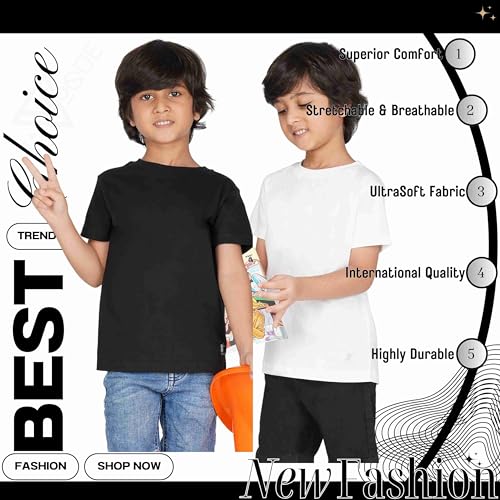 Image of Kids Round Neck T-Shirt Half Sleeves 100% Cotton Rich Soft Comfortable Fit Stylish Plain Color White+1 Combo Original Brand Tshirt for Boys
