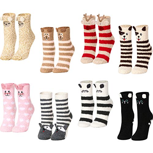 Geyoga 8 Pairs Women Fuzzy Socks Non-Slip Cozy Microfiber Winter Warm Fluffy Soft Cute Animal Fuzzy Home Slipper Socks