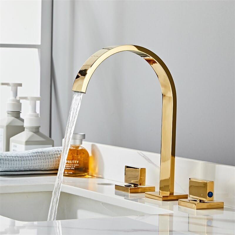 Robinet de lavabo 3 trous or brossé carré en laiton mélangeur eau chaude et froide pour salle de bain
