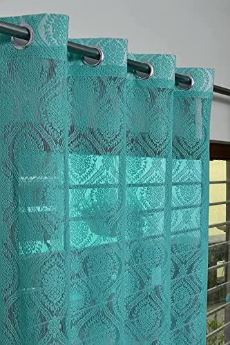 Image of Fabrilia Polyester Sheer Net Damask Design Semi Transparent Eyelet Door Curtains 7 feet Long Set of 2- Teal