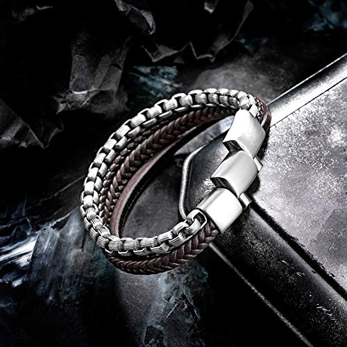 Image of Men's Leather and Steel Chain Bracelet with Clasp