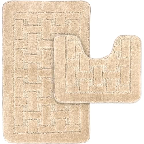LS DECOR Luxury 2 Piece Block Bath Mat Set Non Slip Ultra Soft Bathroom Mats Water Absorbent Bath Mats Machine Washable Rug Toilet Mat for Bathroom Floor (MOCHA)