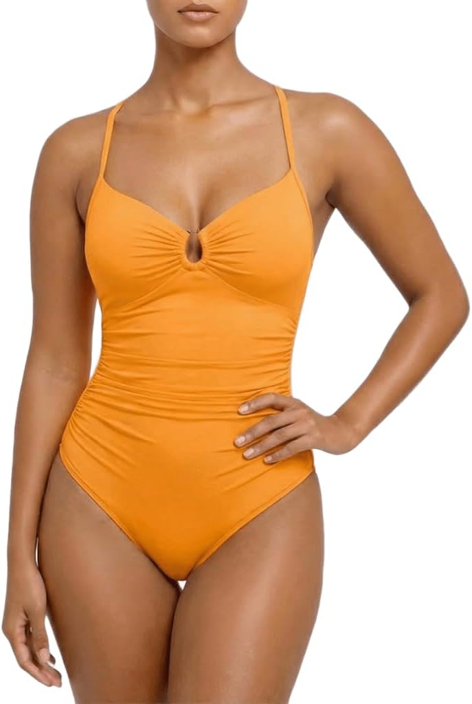 SKAYS Women's One Piece Swimsuit Tummy Control Modest Full Coverage Slimming Ruched Cross Back Straps Bathing Suit
