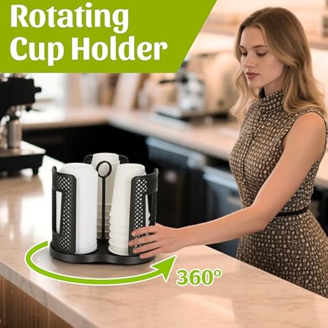 Coffee Cup and Lid Holder, Rotating Paper Cup Dispenser with 3 Compartment, Black Removable Plastic 5-32oz Disposable Cup Organizer for Countertops, Kitchen, Coffee Stations, Bar(Max. Diameter:4.33)