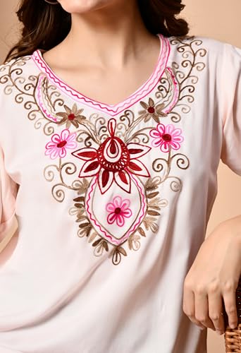 Image of LIBOZA Embroidered Kashmiri Tunic Top, Short Kurti for Women on Jeans, V-Neck, 3 /4 Sleeve, Floral Design,