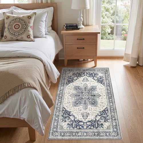 Tortania Area Rug Living Room Rugs - 3x5 Washable Rug Vintage Oriental Distressed Farmhouse Small Thin Indoor Carpet for Living Room Bedroom Under Dining Table Home Office - Indigo