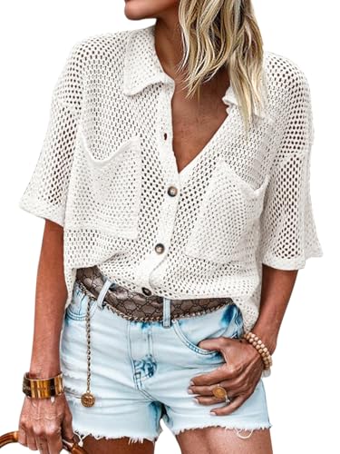 Image of Fisoew Womens Crochet Lightweight Cardigan Sweaters Short Sleeve Summer Button Down Collared Loose Cover Up Shirts