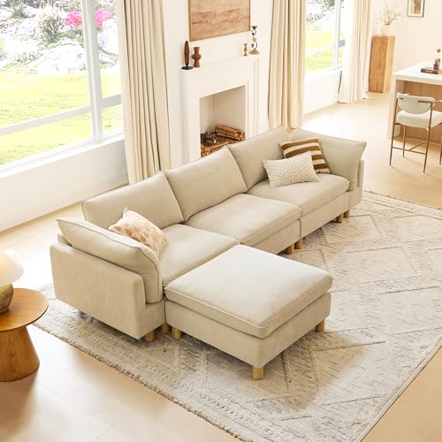 Image of CHITA 127 inch Super Large Sectional Couches for Living Room, Modular Cloud Couch Sectional Sofa, Premium Fabric Couches, Down Filled, High Density Foam, Chenille in Beige, 4 Seat L Shaped