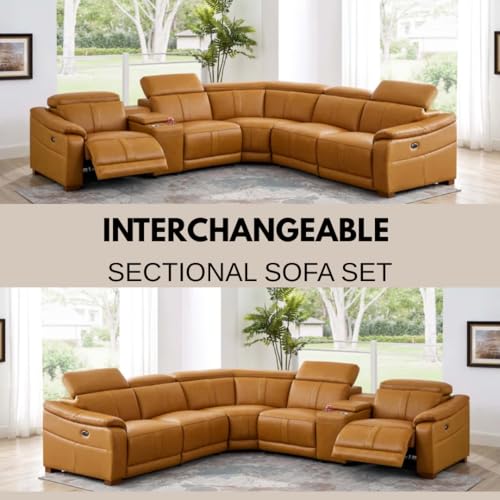 Image of Homax. Royale Leatherette Upholstered 5 Seater Power Reclining Sectional Sofa with Adjustable Headrests, Built-in Console & USB Charging Ports, Colour - Camel Brown