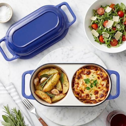 Image of Double Dutch Oven Pot with Lid, 2.2QT Enameled Cast Iron Bread Loaf Pan, Mini Dutch Oven For Sourdough Bread Baking, 500F Oven Safe Non Stick Dual Round Bread Pan, Bread Oven, 16.5cm Diameter, Blue