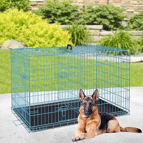 Image of BestPet | Dog Crate | 42 inch | Blue | Foldable Metal Kennel with Double Doors