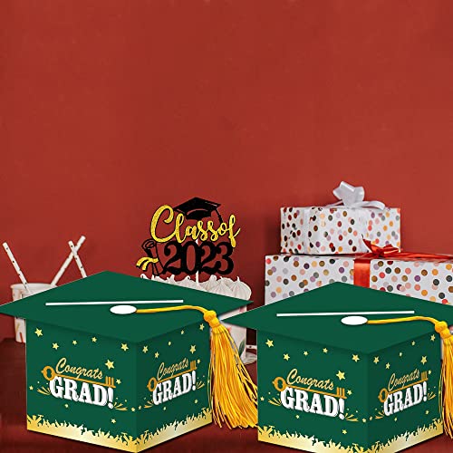 Image of 2026 Graduation Party Card Box, Green Gold Congrats Cap Card Holder Box with Tassel for 2026 Graduation Party Decoration