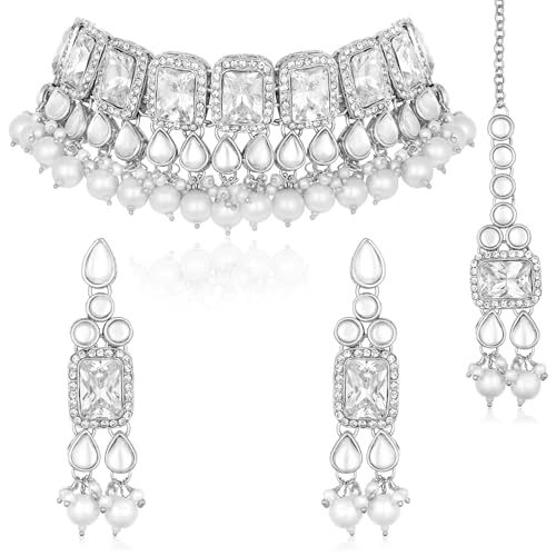 Image of Peora Crystal Faux Pearl Kundan Necklace & Jewellery Set Gift for Women