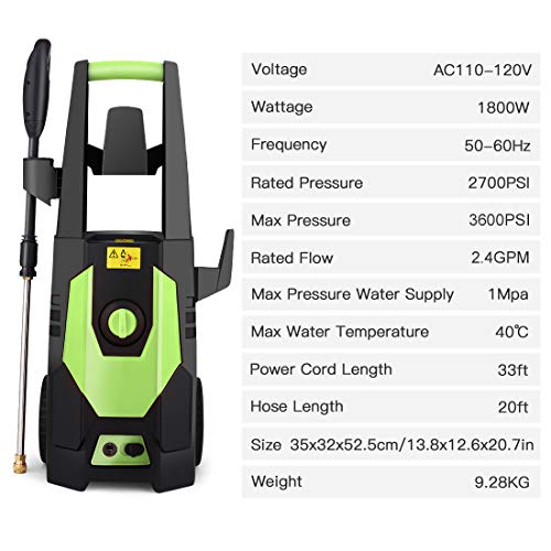 mrliance 3600PSI Electric Pressure Washer 2.4GPM Power Washer 1800W High Pressure Cleaner Machine with 4 Nozzles,Hose Reel, Foam Cannon Brush,Best for Cleaning Patio, Garden, Fences, Vehicle (Green)