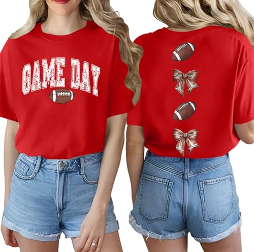 Football Shirts for Women Game Day Football Mom Tshirt Soccer Lover Bow Graphic Tee Shirt