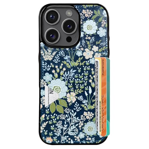 uCOLOR for iPhone 15 Pro Case with Card Holder- Slim Leather Wallet Case Credit Card Holder Drop Protective Hidden Card Slot Cover for Woman Man (Blue Daisy iPhone 15 Pro)