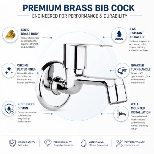 Image of Furiq Bath F-Series Brass Long Body Bib Cock Tap for Bathroom & Kitchen | Chrome Plated Wall Mounted Faucet | Quarter Turn Handle | Rust Proof & Leak Resistant | 1 /2 Inch BSP Thread