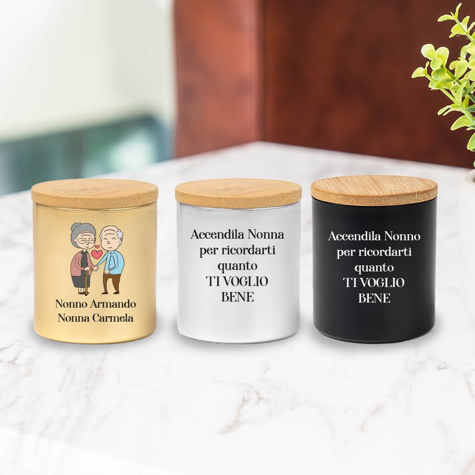 ''Per ricordarti quanto ti voglio bene'' Set di 3 Candele Profumate Personalizzate con nome con Coperchio in Bambù, Barattoli Decorativi, 7,5x6,5 cm Idea regalo Natale Festa dei nonni Nonno Nonna