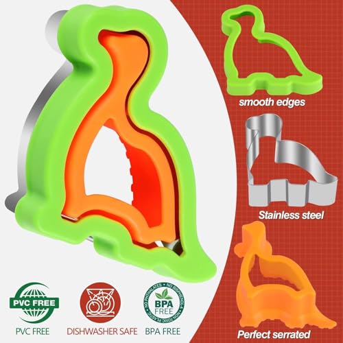 HINZER Sandwich Cutter and Sealer Set 4 Pcs Bread Decruster Sandwich Cutter Pancake Maker Heart Square Circle Dinosaur Shape DIY Cookie Cutters Gift for Kids Adult Boys Girls