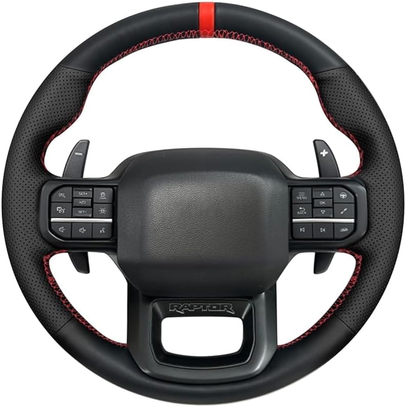 Belinous Leather Steering Wheel Cover, Hand-Stitch on Wrap, Steering Wrap Compatible with Ford F-150 Raptor 2021-2024 (Red)