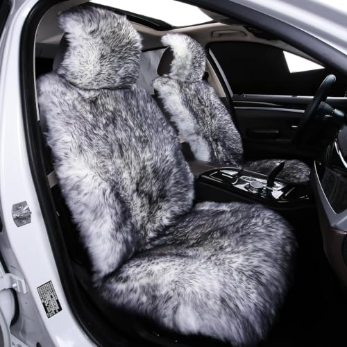 Image of AOGELAN Fluffy Sheepskin Car Seat Covers Fuzzy Long Wool Front Wolf Tipped
