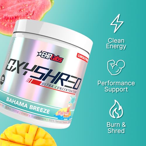 Image of EHP Labs OxyShred Pre Workout Powder - Preworkout Powder with L Glutamine & Acetyl L Carnitine, Energy Boost Drink - Bahama Breeze /Beach, 60 Servings