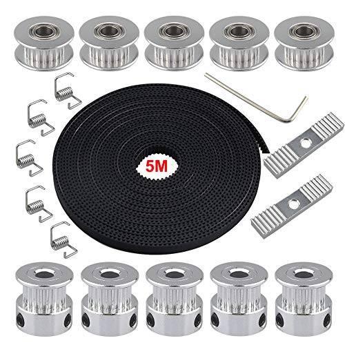 QitinDasen 5m GT2 Zahnriemen 2mm Pitch 6mm Breite, mit 5Pcs Zahnriemenscheibe und 5Pcs Idler 20 Zähne 5mm Bohrung, 5Pcs Spanner Torsionsfeder, 2Pcs Zahnriemen Klemmen, 2mm Allen Wrench