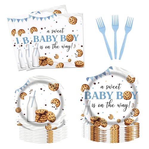 Fitumiw - Fitumiw 96Pcs Cookie Baby Shower Party Tableware Supplies A Sweet Baby Boy is On The Way Plates and Napkins Cookie and Milk Party Set Decorations Serve 24 Guests