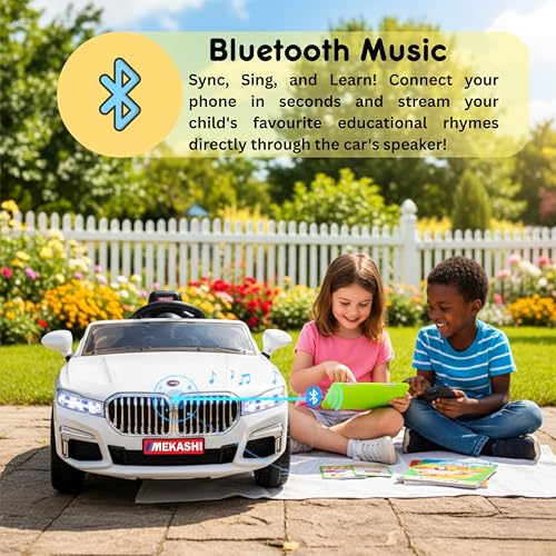 Image of MEKASHI Electric Ride-On Car for Kids 1-7 Years, 12V Battery, Remote Control, 5 Speed, LED Lights, Bluetooth, White