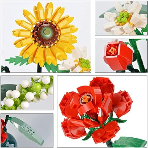 Mothers Day Flower Bouquet Building Kit, Artificial Flowers Building Blocks Sets, Home Decoration, 568 Pcs Botanical Collection for Adults Gift, Not Compatible with Lego (Sunflower/Rose/Little Daisy)