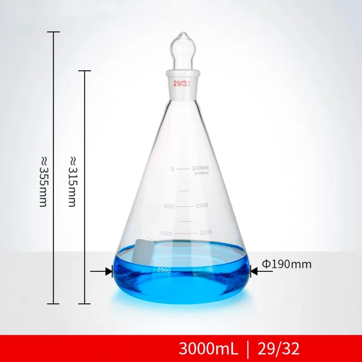Matraz aforado con marca de tapón de vidrio esmerilado, junta de 3000ml, 24/29, 29/32, 34/35, matraz triangular(3000ML 24-29)