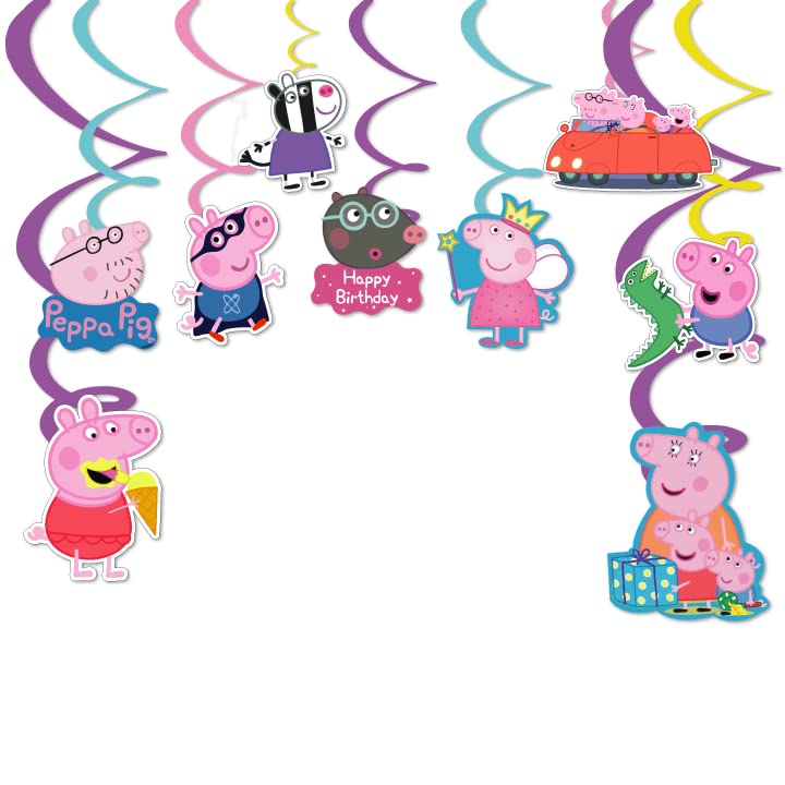 Festiko® 9 Pcs Cartoon Pig Theme Swirls with Cutouts, Cartoon Pig Theme 4th Birthday Supplies, Cartoon Pig Theme Decoration Supplies, Cartoon Pig Party Decorations, Cartoon Pig Theme Supplies