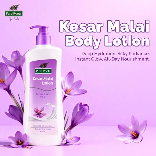 Image of Pure Roots Kesar Malai Body Lotion 400ml (Pack of 2) | Nourishing & Hydrating Moisturizer for Men & Women | Fast Absorbing, Non-Sticky Lotion for All Skin Types