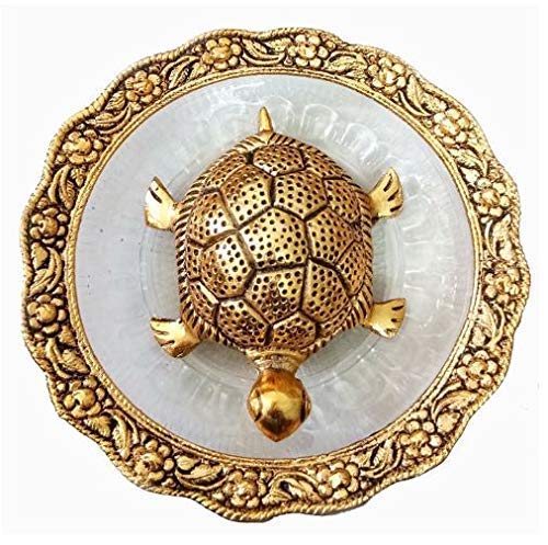 Aaina Creations Metal Feng Shui Tortoise | Turtle | Kachua on Plate Decorative|Showpiece|Statue for Vaastu | Gift | Golden,