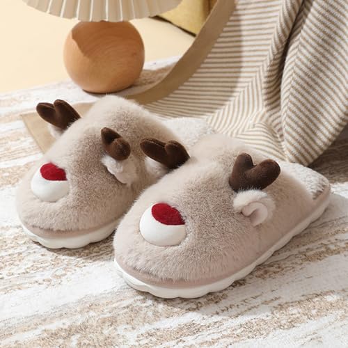 Womens Cute Reindeer Antlers House Slippers Funny Christmas Deer Horn Ear Indoor Home Shoes Plush Fuzzy Warm Bedroom Slippers Matching Family Winter Fall Shoes3