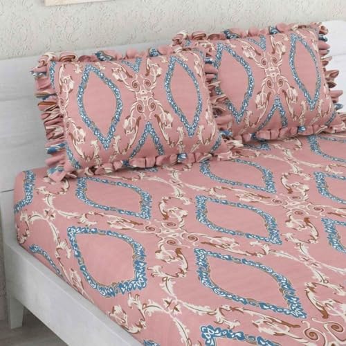 Image of 380 TC Premium Glace Cotton Elastic Fitted Bedsheet King Size with 2 Pillow Covers King Size | Double Bed with All Around Elastic (Pinkflower Frill, Fitted - 72 inchx78 inch King)