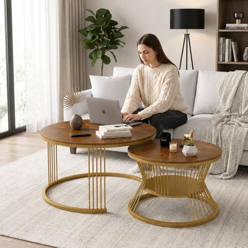 Image of NEST NATURE HAVEN Round Coffee Table, Modern Nestings Table Set of 2, Sofa Side Table with Marble Veneer Top and Metal Frame, End Table for Living Room Bedroom Home or Office (Golden Brown)