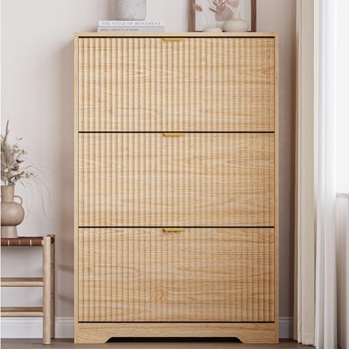 Image of BORNOON Entryway Shoe Cabinet with 3 Flip Drawers, Narrow Shoe Organizer Cabinet with Fluted Panel and Adjustable Shelves for Foyer, Hallway
