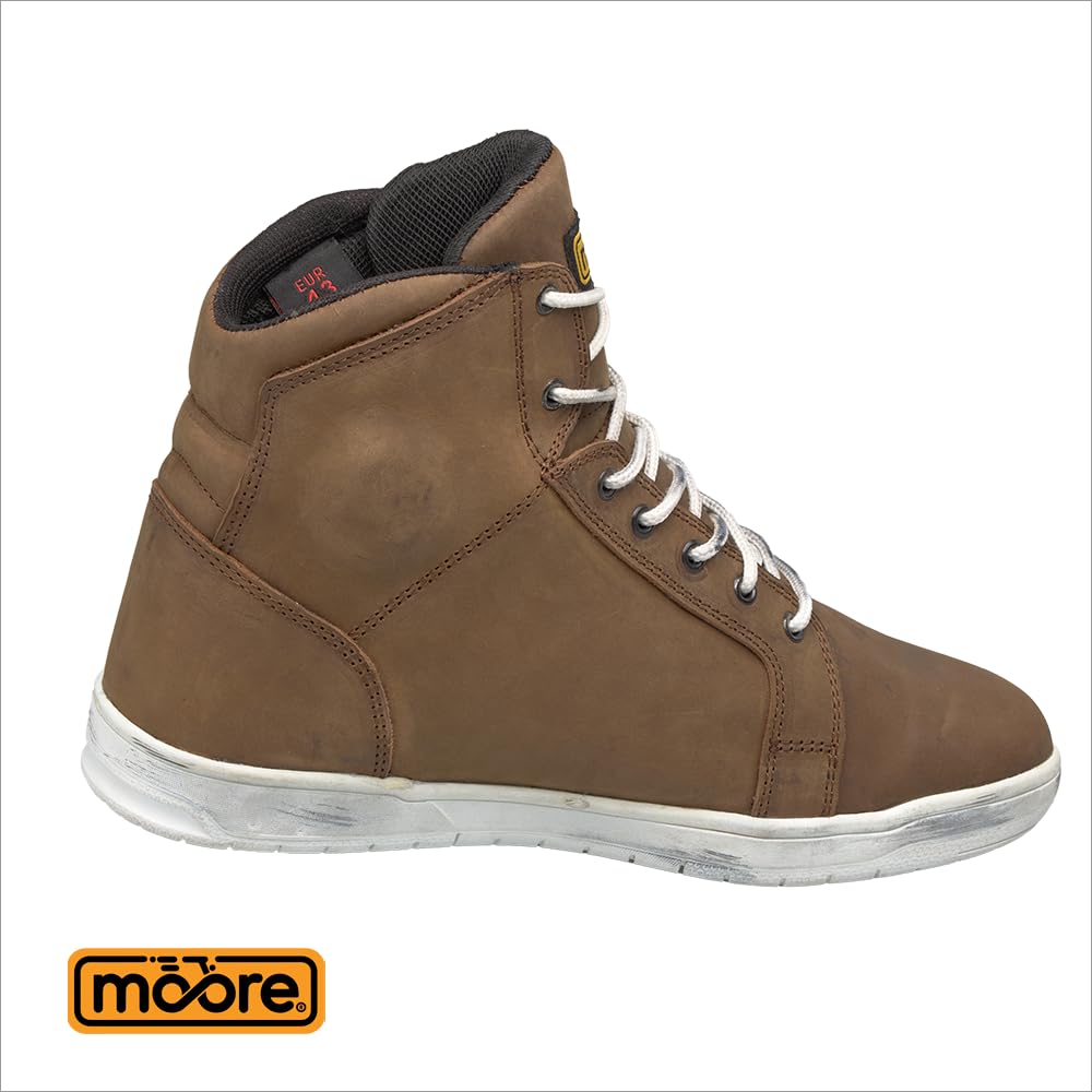 Moore I Botas de Moto Furkapass Marrón – Nobuck Impermeable, Protección CE, Estilo Urbano, Suela Antideslizante