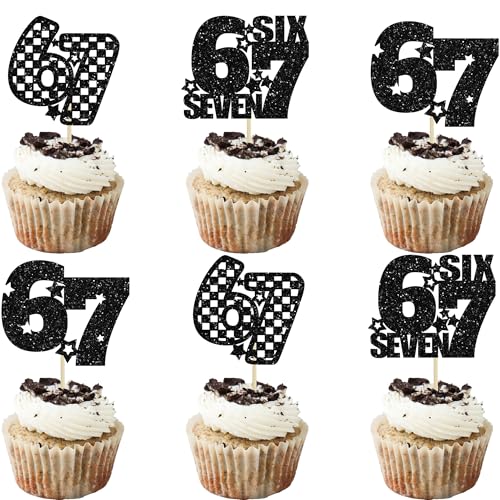 Ephlyn 24Pcs Six Seven Cupcake Toppers Funny 6 7 Party Decorations Funny Six Seven Birthday Cake Decorations for Racing 6 7 Theme Party Supplies Black