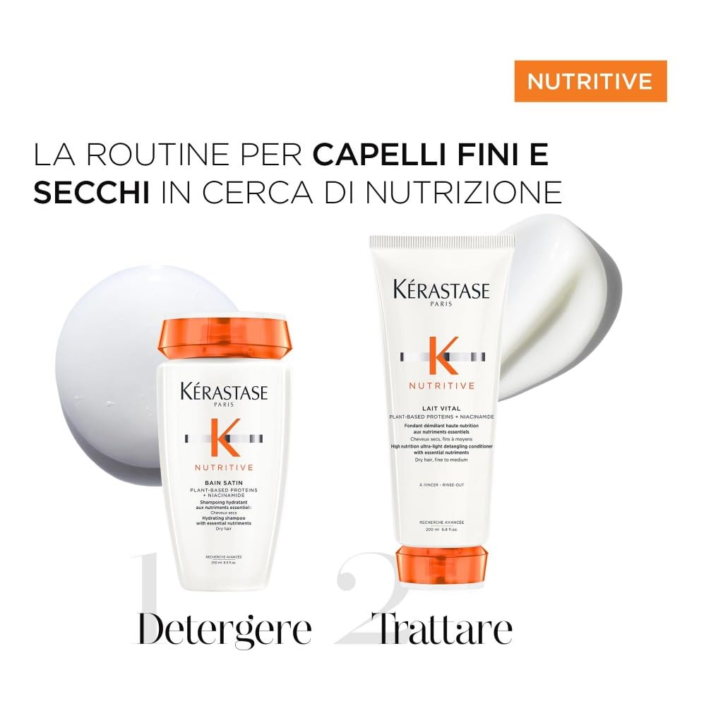 Kérastase, Nutritive, Routine Nutriente Per Capelli Secchi, Con Nutrienti Essenziali, Idrantante e Districante, Shampoo Bain Satin + Balsamo Lait Vital
