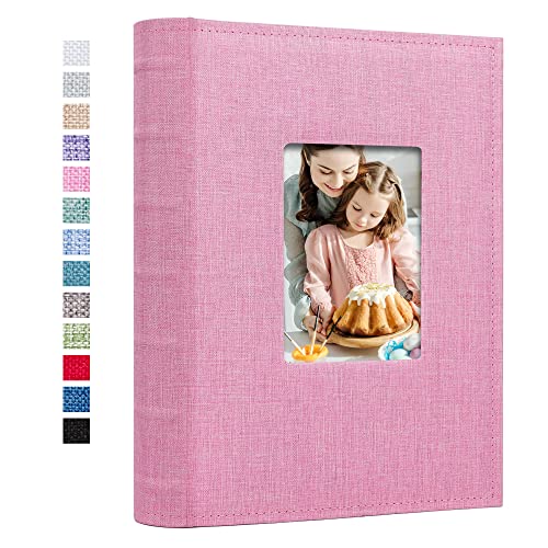 Image of Vienrose Photo Album 4x6 300 Photos Linen Frame Cover with Memo Areas Photobook Large Capacity Slip-in Pictures Book for Wedding Baby Vacation, Pink