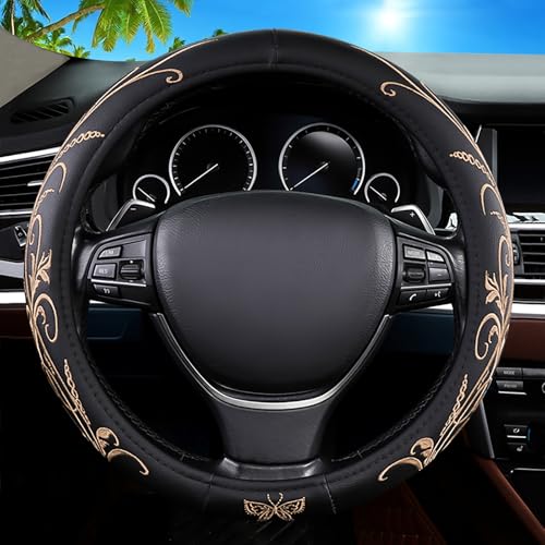 Car Leather Steering Wheel Cover - Panapi Material, Universal 14.5-15 Inch Leather Anti-Slip Breathable Auto Steering Wheel Covers for Men Women (Embroidery-Beige)