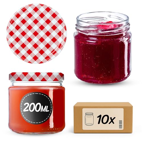 KADAX Set di 10 barattoli in vetro 200ml Ø66 Quadri Rossi – tappo a vite ermetico, lavabili in lavastoviglie, per marmellate, miele, conserve e spezie