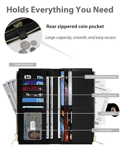 Image of Black Women's Slim Wallet,Thin RFID Card Holder with Zipper Pocket | 12 Slot Wallet Organizer, Large Capacity, Vegan Leather, Coin Purse, Cash Compartment, Travel Wallet, Women Gift