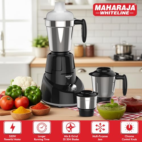 Image of Maharaja Whiteline MG Flora DLX MX-240 550W Mixer Grinder with 3 Jars | Powerful Motor | Black & Grey | Multipurpose Kitchen Mixer | 5 Years Motor Warranty