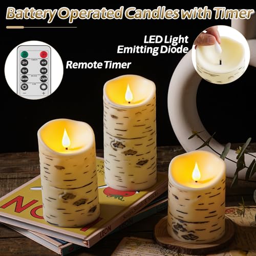 Image of QQFCTOO Birch Bark Flameless Candles, Flickering Battery Operated LED Candles, Electric Plastic Pillar Candles with Remote & Timer, Rustic Farmhouse Home Decor, Wedding Centerpiece, Gift Set of 3