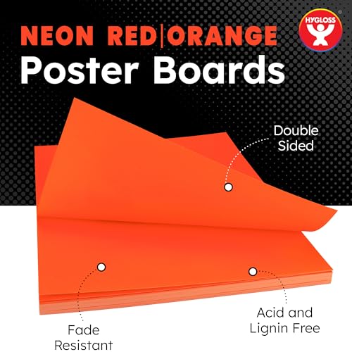 Image of Hygloss Medium Poster Board 22x28 - 25 Neon Red-Orange Single Color Bulk Pack - 10 Pt. Thickness Colored Poster Board Paper for Projects, Signs, Displays - Posterboard Multipack 22 inch x 28 inch