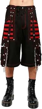 Gothic Punk Cargo Shorts, Black with Red Stripes, Chain Detail